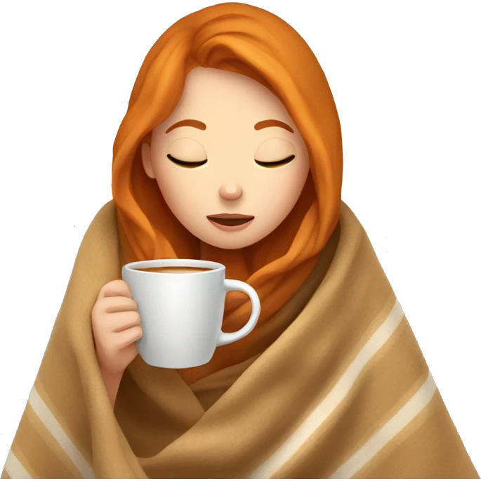 girl with Ginger hair inside a blanket sipping coffee eyes closed emoji