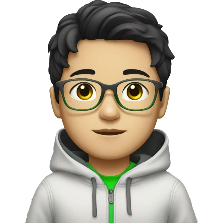 young boy with korean style black hair / grey hoody / white glasses / white glasses / green eyes emoji
