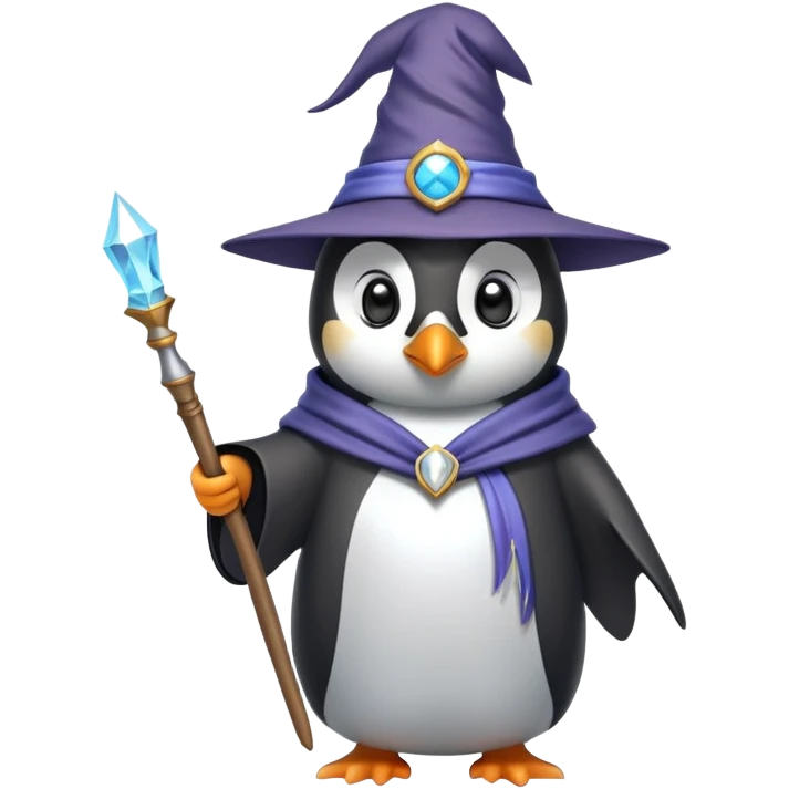 penguin wearing wizard hat and robe holding magic wand emoji