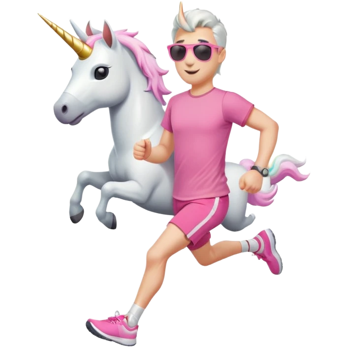 friendly anthropomorphised male white unicorn in grey shorts and pink t-shirt, wearing dark sunglasses, jogging upright in a relaxed pose emoji
