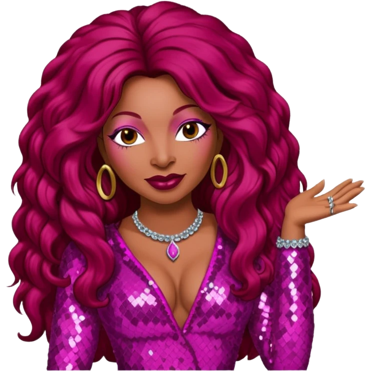 Chaka Khan with long dark red hair, pink sequin outfit emoji
