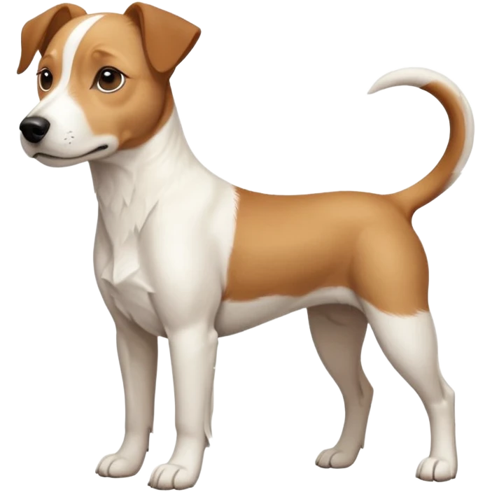 a full body facing front on of a buff white beagle cross jack russell terrier looking dog the size of a kelpie with light brown long ears resting on its face and a light brown patch above one eye and a large snout. the rest of the dog is completely white.  emoji