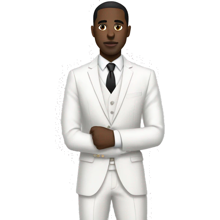 Create a black man with cut in his eyebrow with big black eyes and white suit all white suit with earrings  emoji