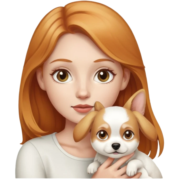 Strawberry blonde girl with hazel eyes holding a small white dog with long ears emoji