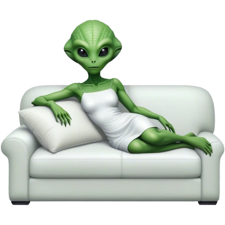 hyper-realistic reptilian green alien woman, in white dress, lie on couch comfy, full figure emoji