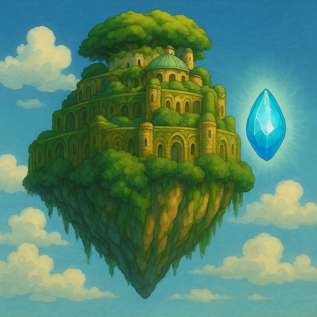 Add the princess's flying stone (levitation crystal) from 'Le Château dans le Ciel' to the scene, glowing and floating near Laputa, in the same Ghibli cartoon style. Do not include the princess. emoji