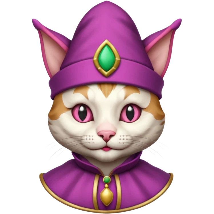 court jester cat medieval, single poker card joker clearly visible, pink, face only, round badge,  court jester cap emoji