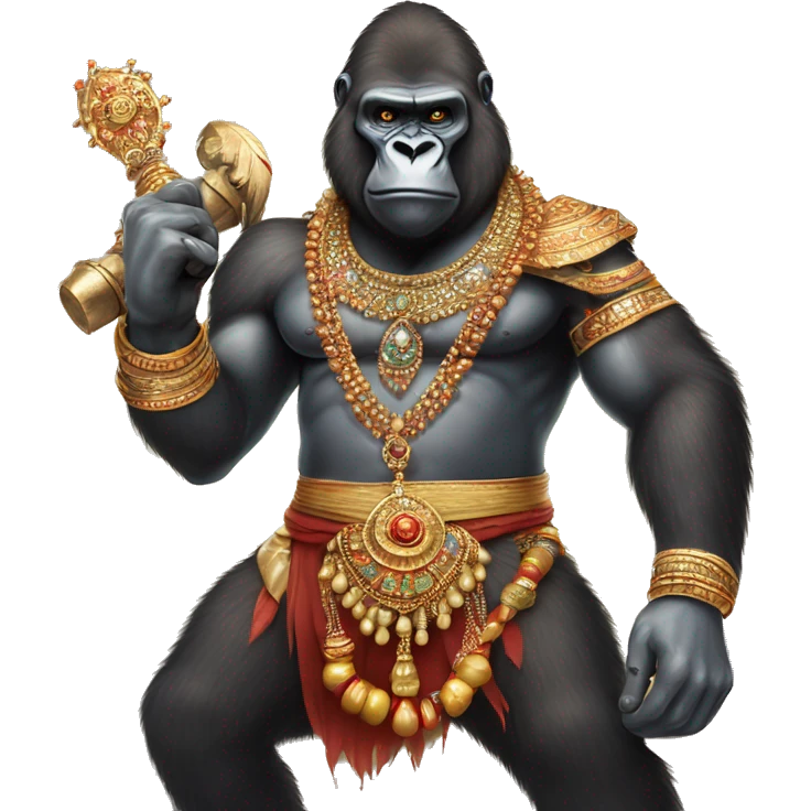 male gorilla with indian male jewellery and  indian traditional wear, holding a  huge weapon, humanoid,  emoji