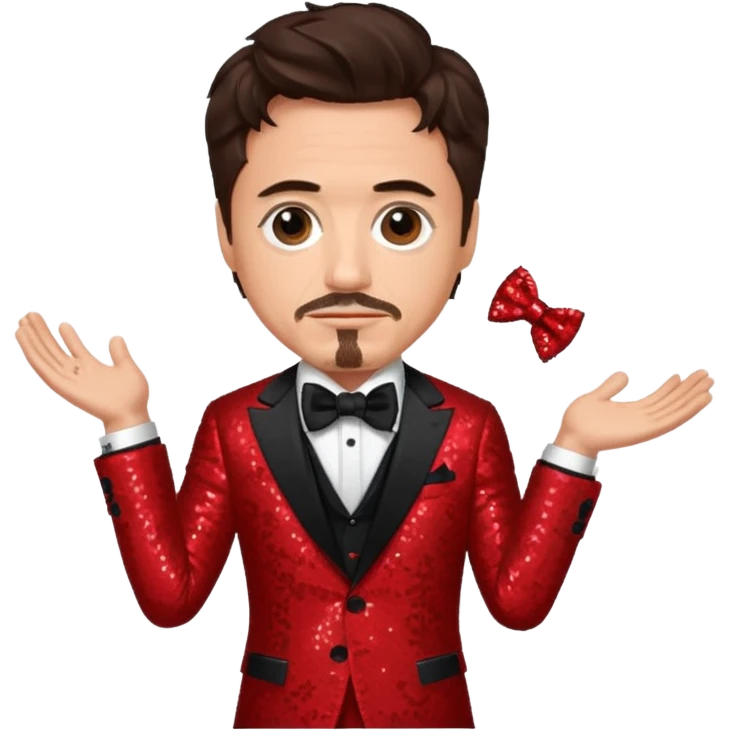 Robert Downey Jr with dark brown hair, red sequin suit with bow tie emoji