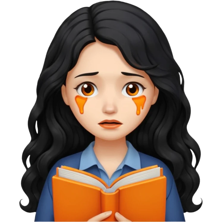 Long Hair Women with orrange Book, Black wavy hair, sad, crying

 emoji