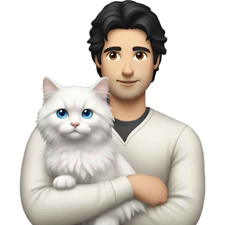 Man with black hair and holding a all white Siberian cat with blue eyes emoji