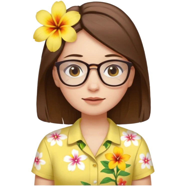female with white skin. Shoulder length straight brown hair. Brown eyes with glasses. Hawaiian Flower in hair. Female wearing baby yellow shirt. emoji