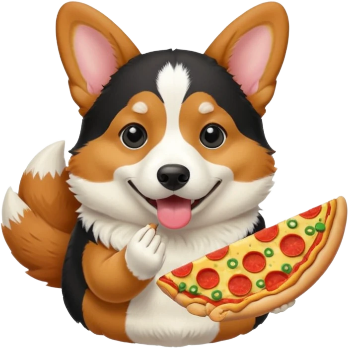 black tri-color corgi eating pizza emoji