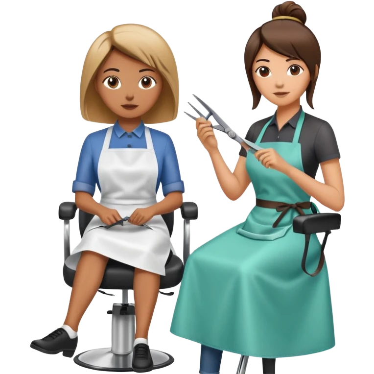 woman getting a haircut from a female hairstylist, client sitting in chair with apron, hairstylist standing behind holding scissors emoji