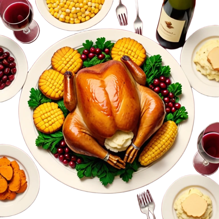 Thanksgiving Dinner with 6 friends of all different races around the table; have the food be a cooked turkey, mashed potatoes, corn, a basket of biscuits, a small bowl of cranberry sauce, baked yams, steamed vegetables, and a bottle of wine. emoji