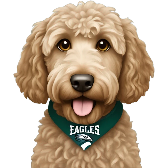 Light brown Labradoodle wearing a Philadelphia eagles shirt emoji