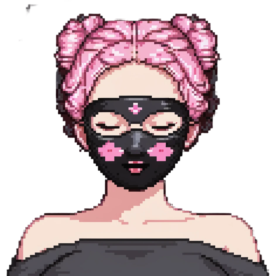 Pixel art girl sleeping with pink beauty face mask, hair in messy bun, self care emoji