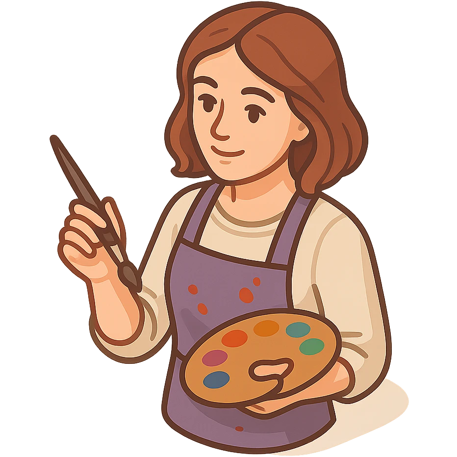 Serene female oil painter, Caucasian features, shoulder-length auburn hair, soft brown eyes, gentle smile, wearing a violet painter’s apron lightly stained with paint over a beige blouse, holding a wooden palette with vibrant colors in one hand and a brush in the other, waist-up, front-facing emoji