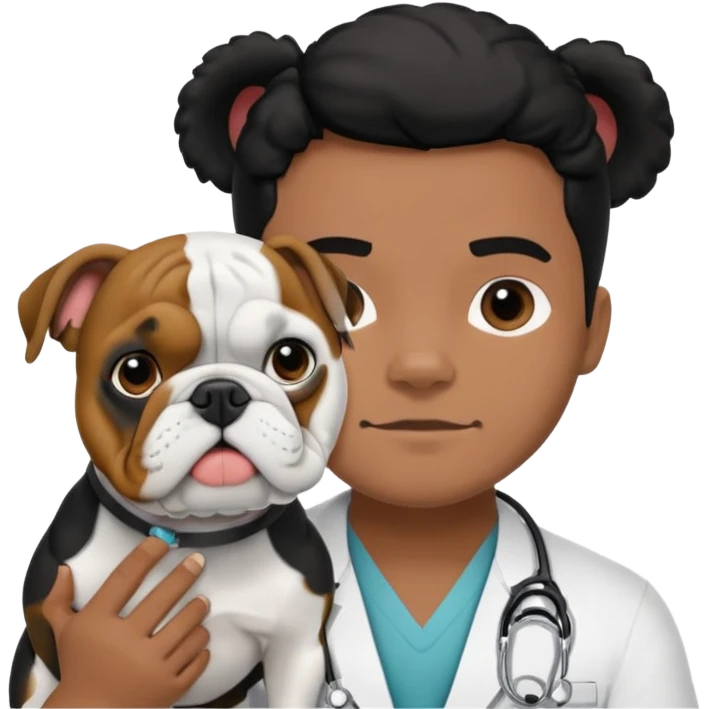 joven médico con el pelo un poco largo pero no tanto y lacio, que tenga un estetoscopio de color de piel tez negra calida !!! que sostiene un bulldog francés blanco y negro  emoji