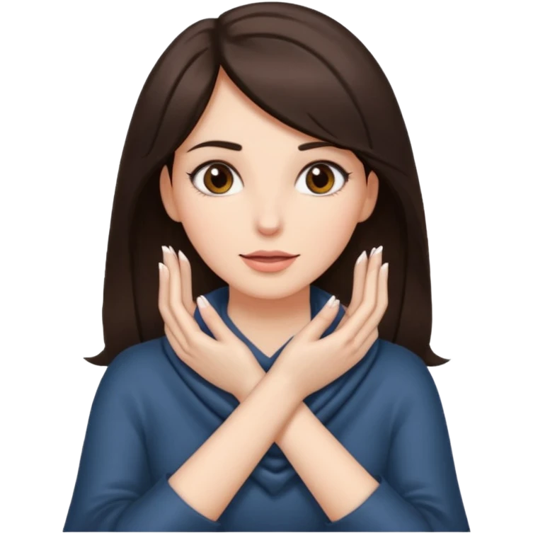 a brunette woman with two hands wrapped around her neck emoji