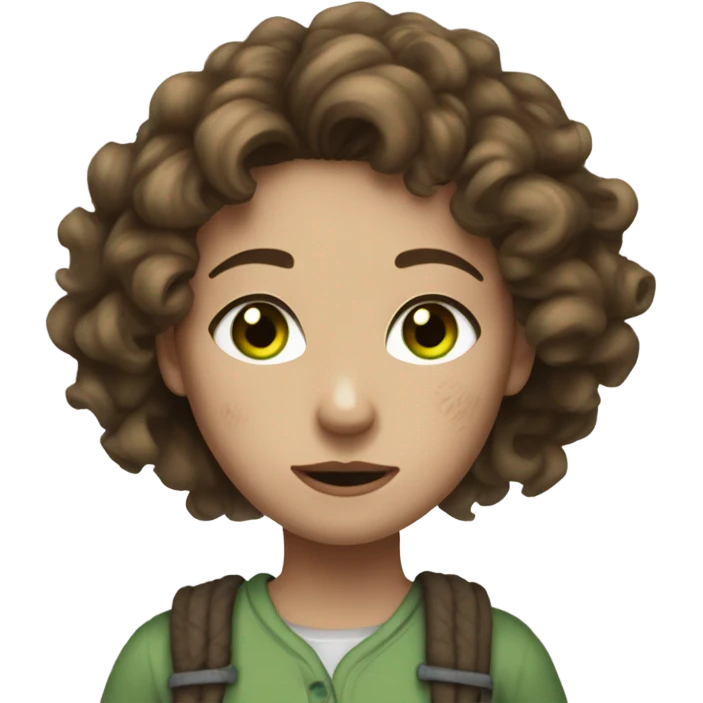 a girl with white skin, hair tied up, brown and curly and green eyes with clothes in bad condition and torn emoji