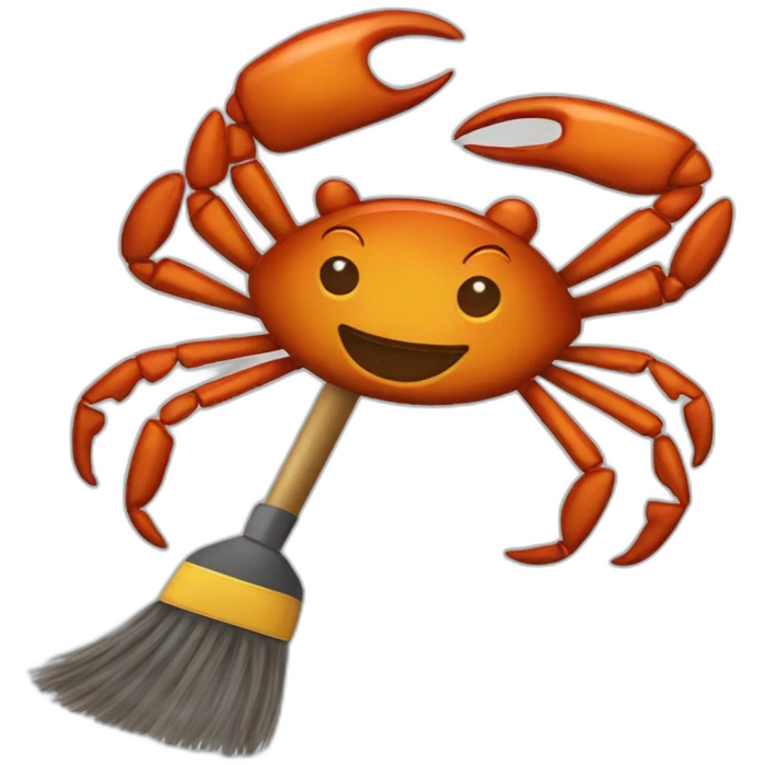 Rust mascot crab Ferris with broom cleaning rust emoji