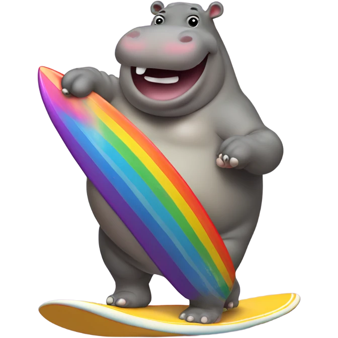 Fat hippo riding surfboard over a rainbow  emoji