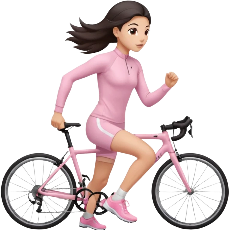 A girl in soft pink sporty tight-fitting clothes, a long-sleeved fitted sweater and cycling shorts is running, her hair is dark and straight, styled. emoji
