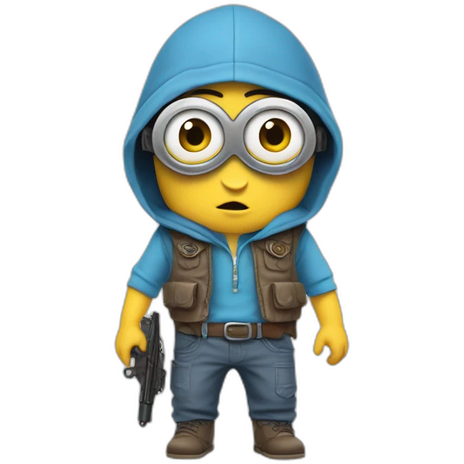 baby minion  in gray pants in a blue sleeveless shirt in a hood and with a collar with two pistols in both hands holds them on both sides raised emoji