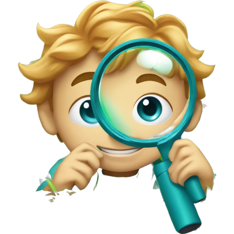 Little boy with blue/turquoise eyes, no glasses, and strawberryblonde slighty wavy hair crouching down low in a lot of green grass. He is holding a magnifying glass, closely examining nature and looking happy/curious emoji