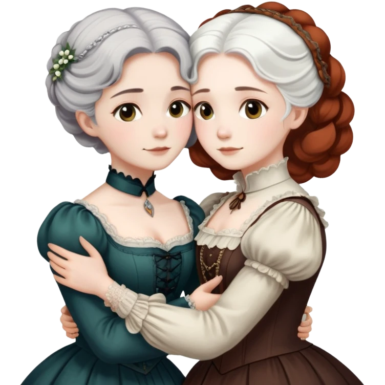 Two Victorian era women hugging each other closely, one with white hair and one with dark copper colored hair, both wearing Victorian period dresses emoji
