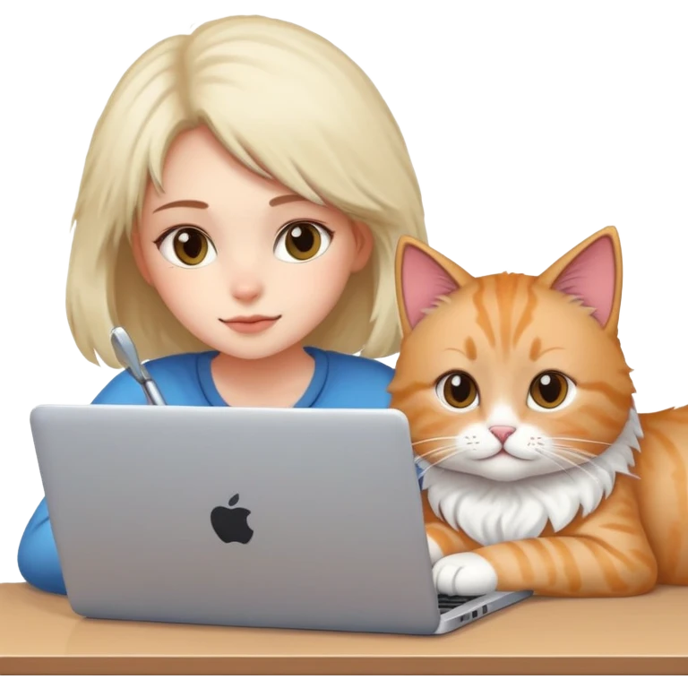 A girl is working on a laptop with a cat lying next to it emoji