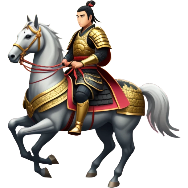 An icon representing an adventure game, inspired by feudal Japan. The design features a disciplined samurai riding a noble warhorse, its armor adorned with intricate patterns. A backdrop of cherry blossoms and a setting sun over a distant pagoda conveys a sense of honor, tradition, and battle-readiness. Transparent background. emoji