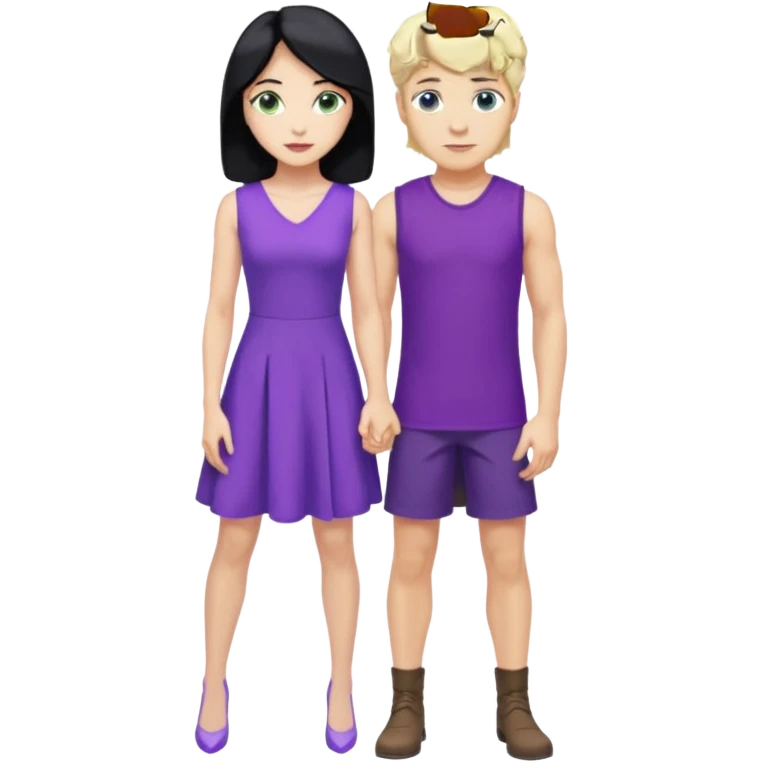 prince, standing upright, black Hair, blue eyes, garment,  woman, bending knee, sleveless white dress, blonde hair, green eyes, emoji