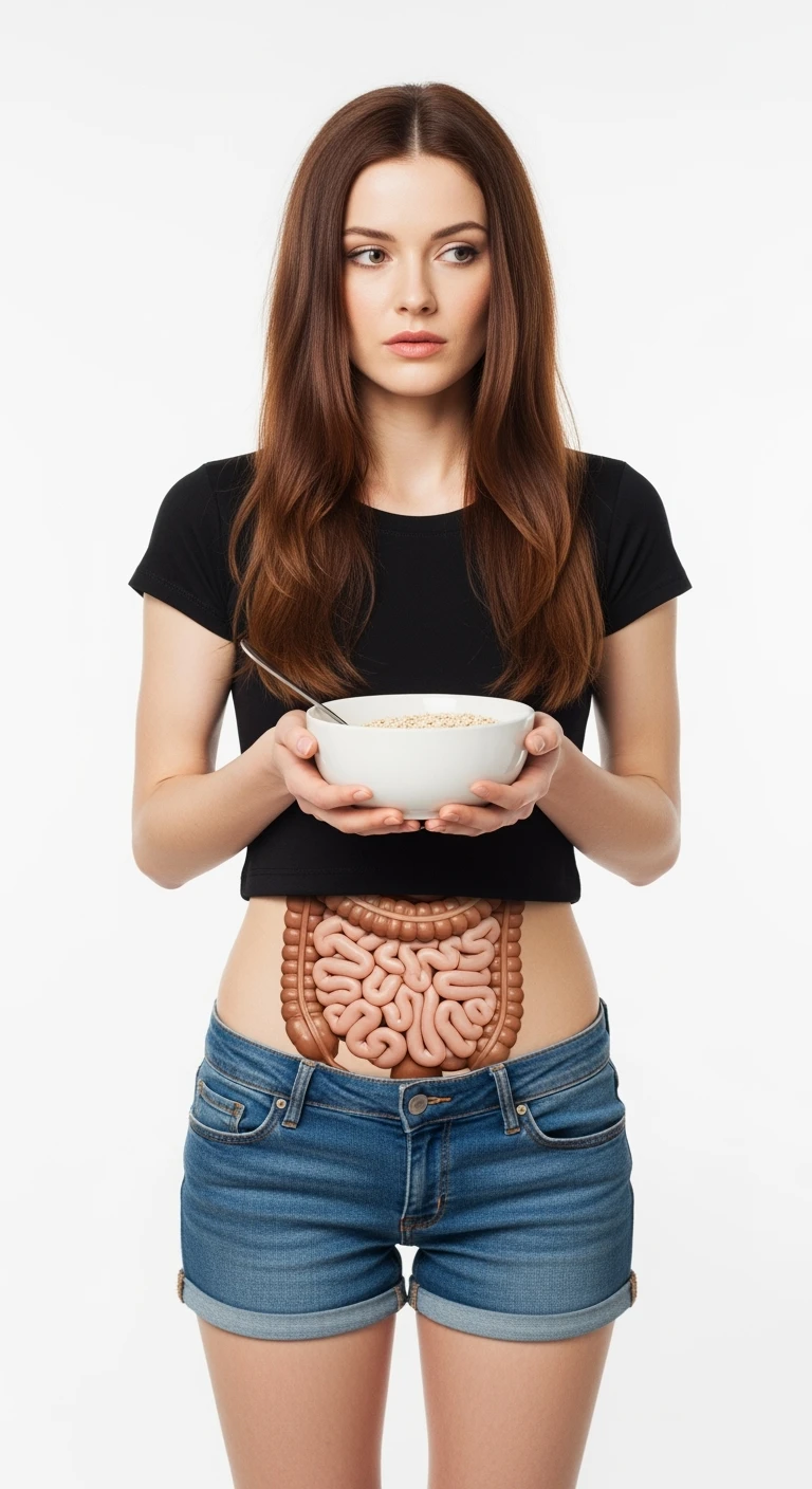 donna con bowl di avena in mano e intestino in evidenza, isolata su sfondo bianco emoji