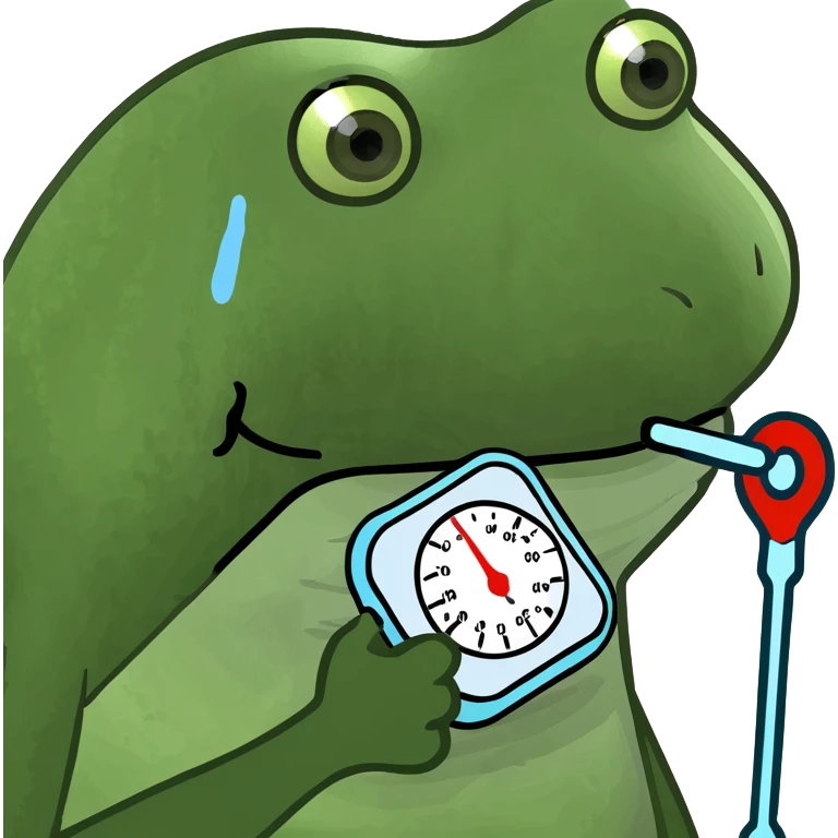 bufo frog with a thermometer in mouth, ice pack on head, looking miserable emoji