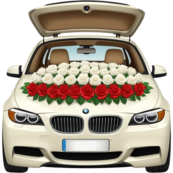 BMW car with trunk full of white roses, emoji style emoji