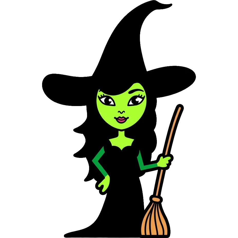 Elphaba from Wicked musical, green-skinned witch with pointy black hat and broom emoji