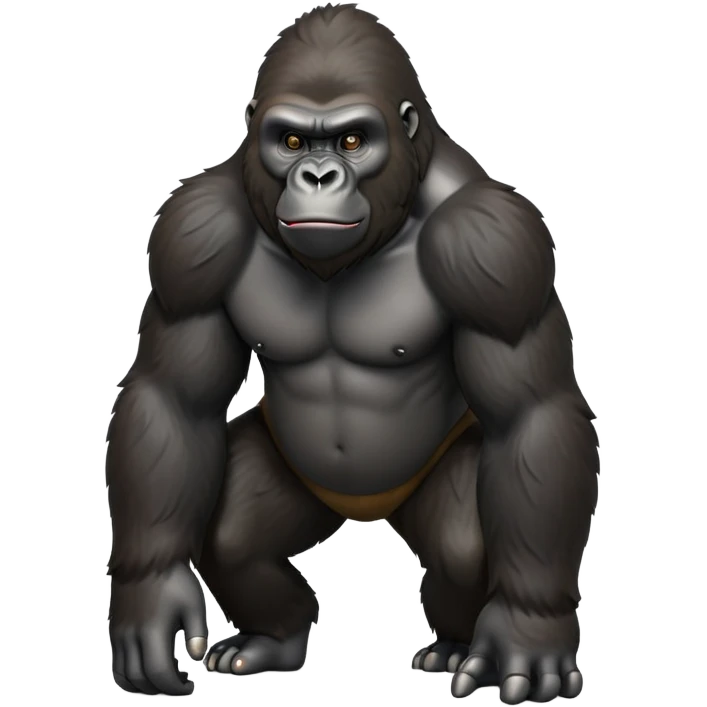 cinematic-gorilla-realistic-full-body-on all fours-emoji,-exuding-strength,-thick-dark-fur-in-the-light,-head-tilted-dramatically,-deep-dark-eyes-filled-with-intense-intelligence,-simplified-yet-realistic-focused-features,-highly-detailed,-glowing-with-an-almost-sarcastic-glow emoji