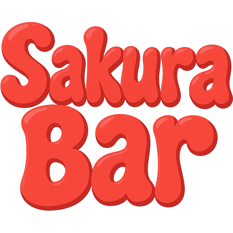 Make the word 'Sakura' larger than 'Bar' in the same extra puffy, red bubble letter style, whimsical and lighthearted, with a transparent background. Maintain the extra puffy, red bubble letter style with a whimsical and lighthearted feel. emoji