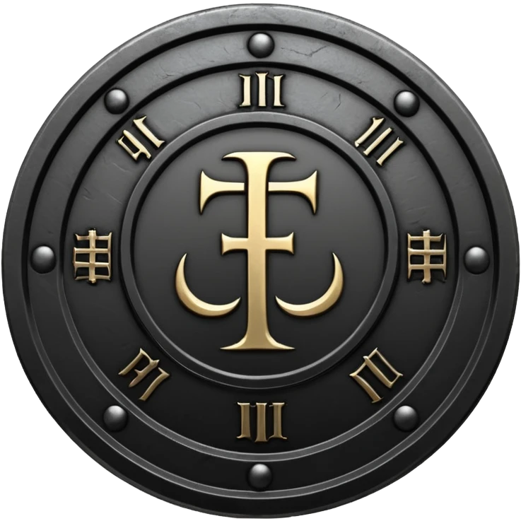 Minimal emoji, gothic metal coin made of black steel, engraved number FORTUNA at the center, ancient industrial aesthetic, worn metal texture, no glow, no neon, flat emoji design, centered, transparent background emoji