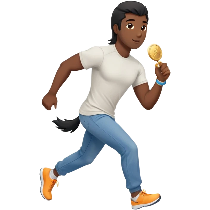 friendly anthropomorphised black stallion in jeans and a t-shirt, jogging upright in relaxed pose, holding a medal emoji