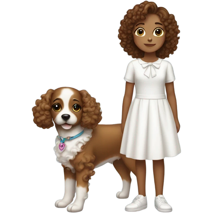 Girl with brown curly hair with bow in hair wearing cute white dress with a dog emoji