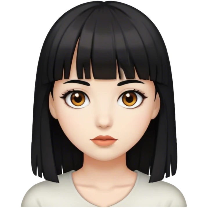 Female with brown eyes, black hair, bangs, and white skin.  emoji