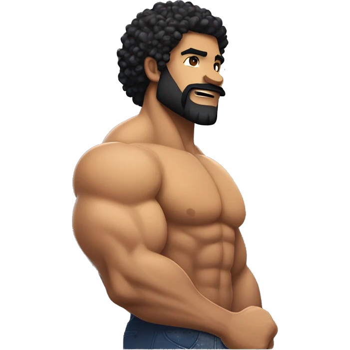 muscular bicep flexing, tight black curly hair, sandy brown skin, thin stash and beard. emoji
