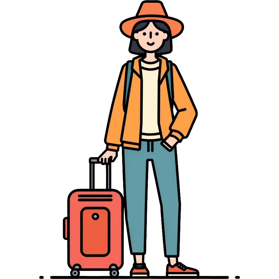Asian tourist with suitcase, travel outfit emoji