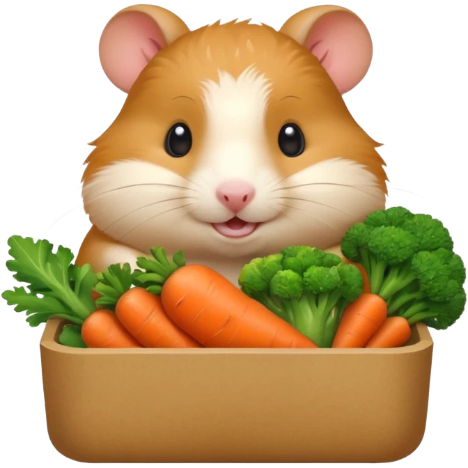 Cute chubby cartoon-style hamster holding a small bento box filled with vegetables, smiling proudly. Soft painterly shading, white background, sticker-style illustration emoji