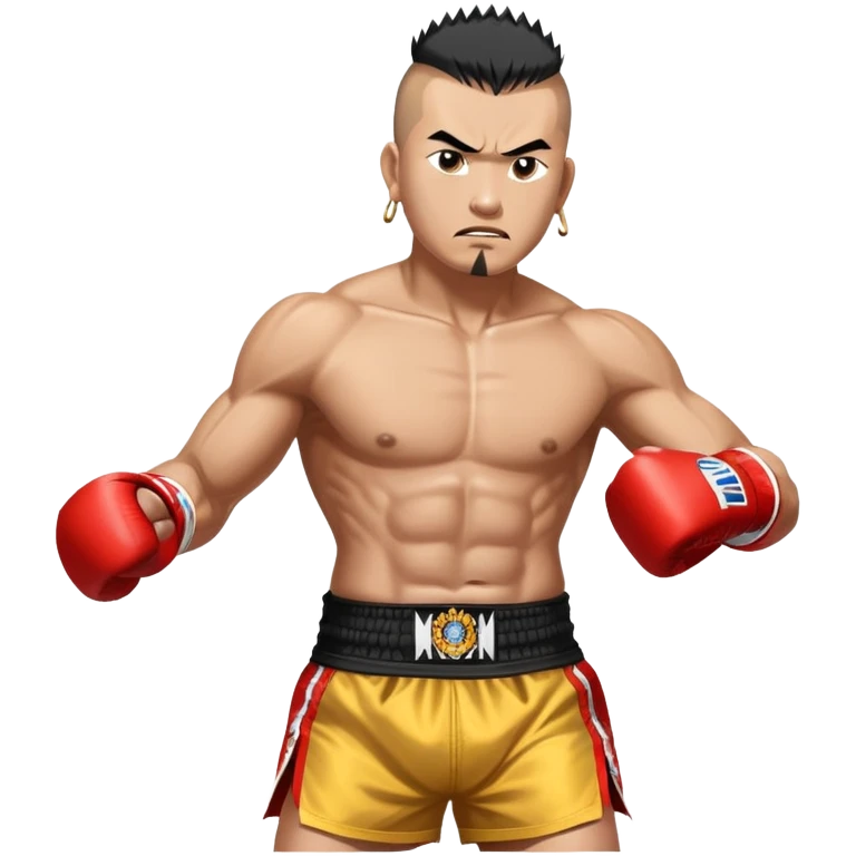 Rodtang Jitmuangnon the Iron Man, fierce Muay Thai fighter with mohawk hairstyle, intense expression, muscular build, wearing mongkhon headband and traditional Muay Thai shorts emoji