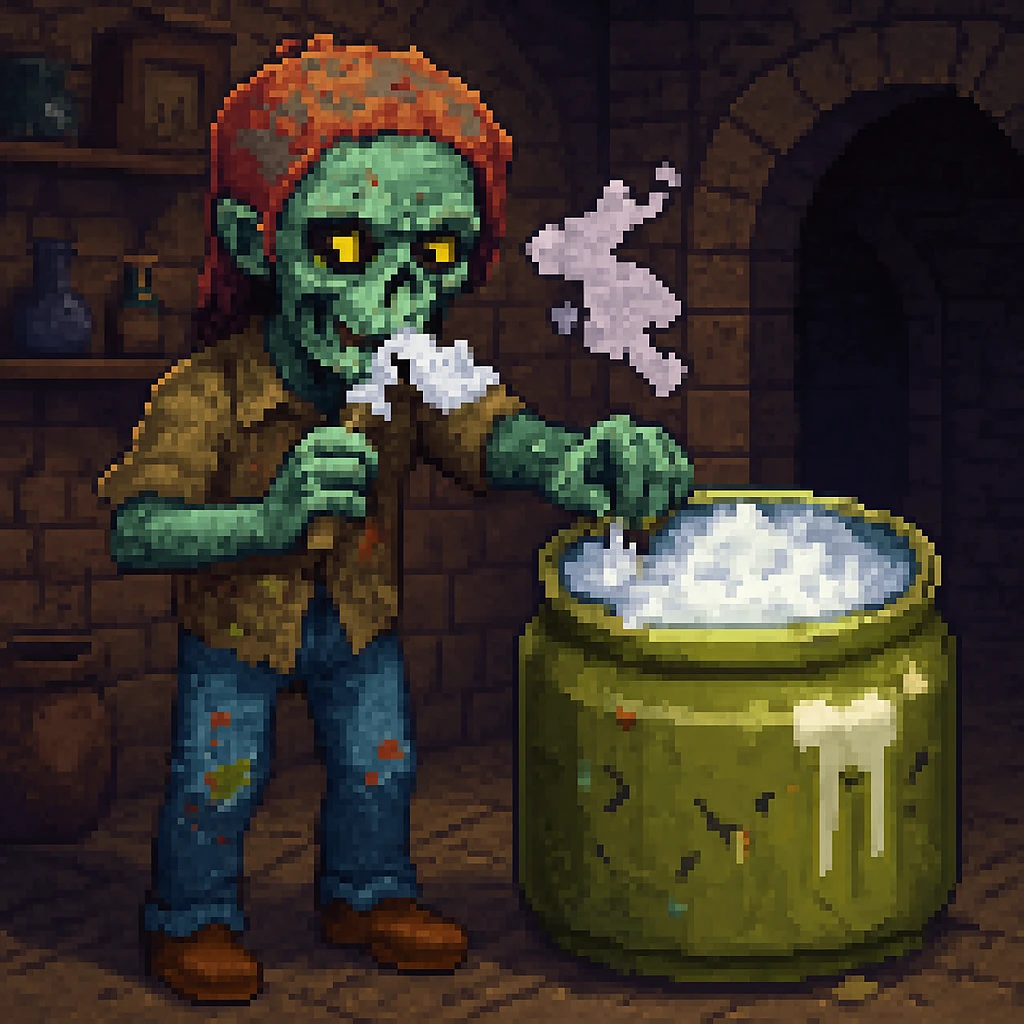 A zombie sniffing white powder with a background in the style of a pixel art emoji