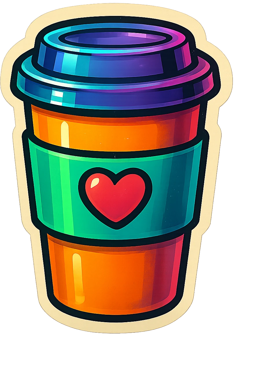 retro sticker-style image of a to-go coffee cup with a heart or star accent on the sleeve, bold outlines, juicy colors, expressive shadows and highlights emoji
